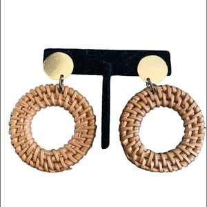 Rattan Wicker and Gold Tone Round Dangle Earring’s
